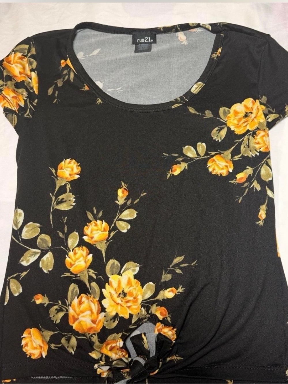 rue21 Black Floral Tie-Front blouse with Yellow Rose Print